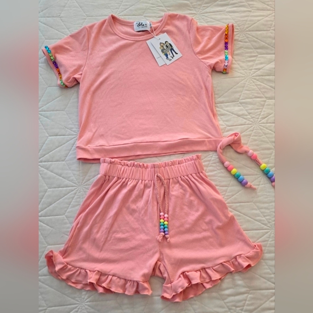 SOLD 🔥 -Pink Ruffle Trim Set with Beaded Details